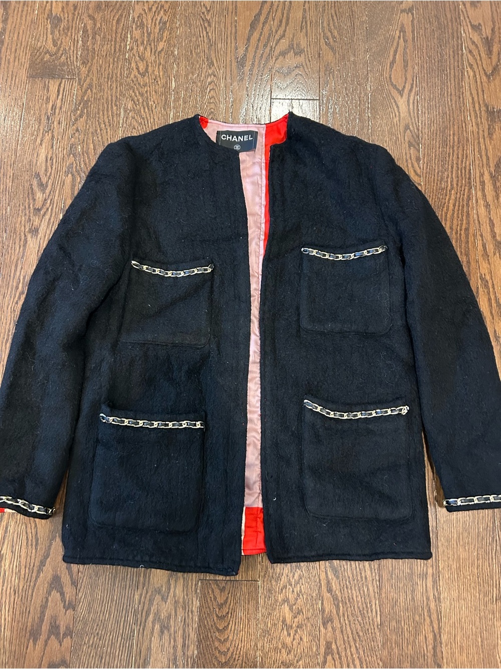 CHANEL Black Wool Chain-Trim Collarless Jacket with Red Lining